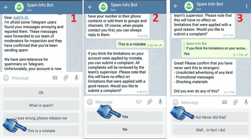 مراحل رفع ریپورت تلگرام توسط ربات spambot