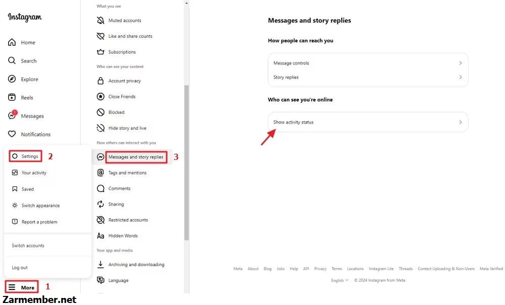 Active status تنظیمات اینستاگرام وب