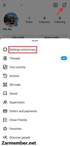 وارد بخش Settings and privacy اینستاگرام شوید.