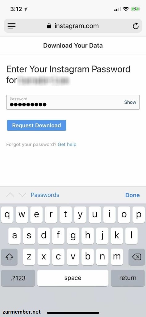 وارد کردن رمز عبور اینستاگرام