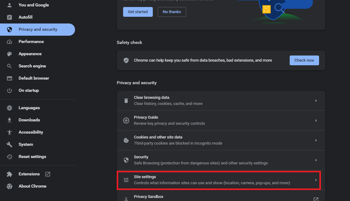انتخاب site settings برای خاموش کردن اعلان ها کروم