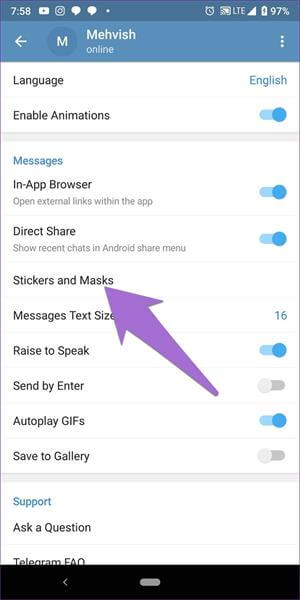 انتخاب گزینه استیکر انتقال استیکر های telegram به واتساپ