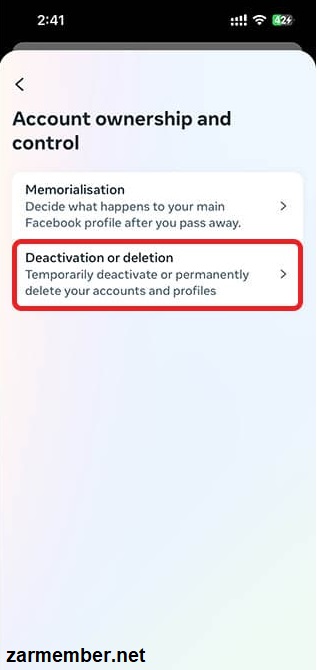 انتخاب گزینه Deactivation or deletion برای پاک کردن اکانت threads