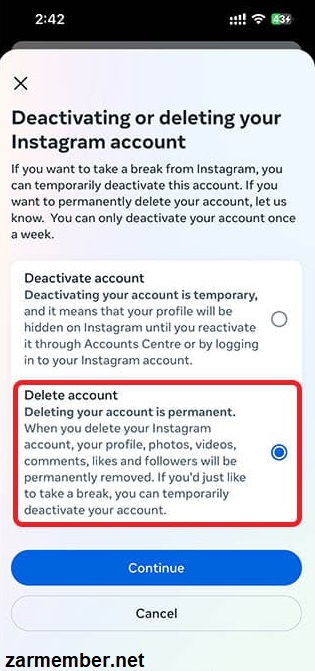 انتخاب گزینه delete account در تنظیمات برنامه تردز