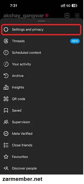 ورود به settings and privacy