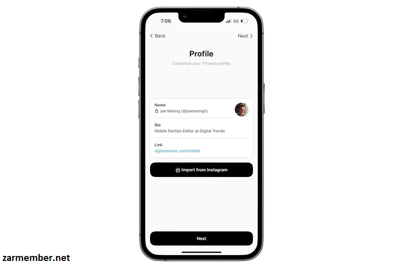 ساخت پروفایل در هنگام ثبت نام در threads