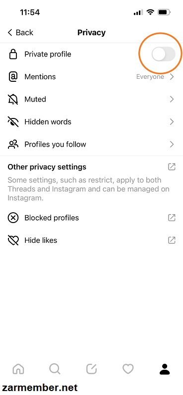 خصوصی و پابلیک کردن اکانت threads