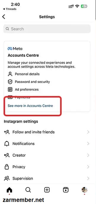 انتخاب see more in accounts centre در تنظیمات برنامه تردز