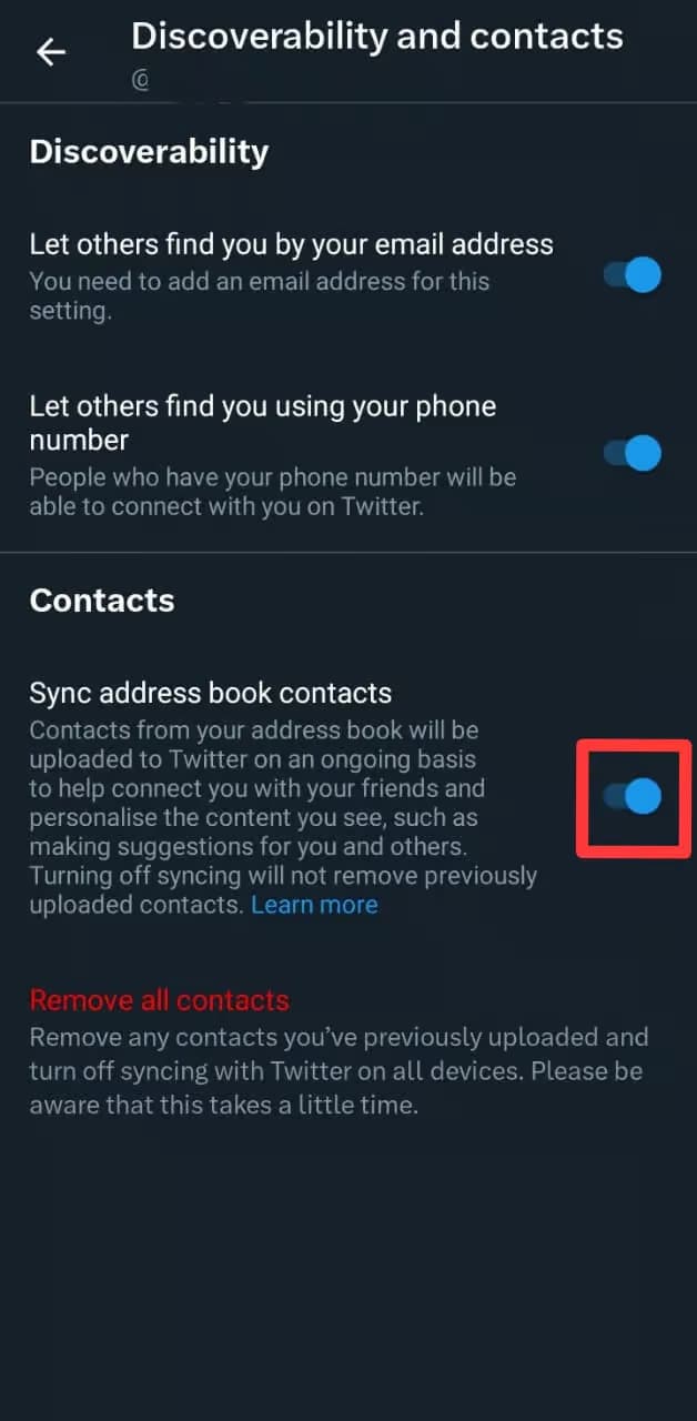 فعال کردن Sync address book contacts برای پیدا کردن افراد از طریق شماره تلفن در توییتر