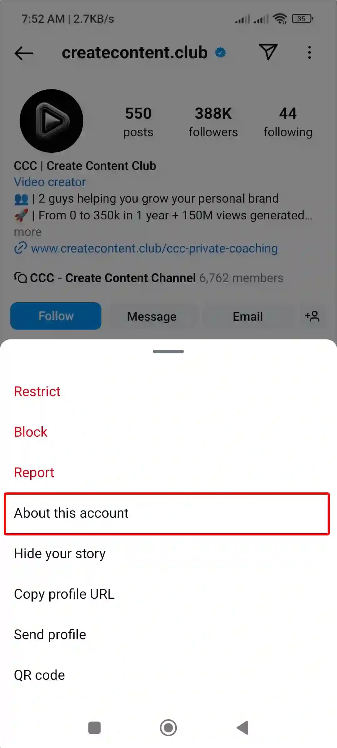 گزینه About this account در تنظیمات اینستاگرام