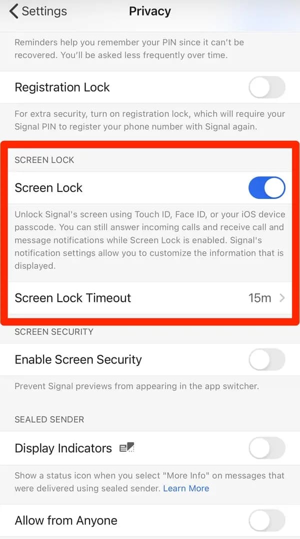 فعال سازی قفل برنامه signal مرحله دوم