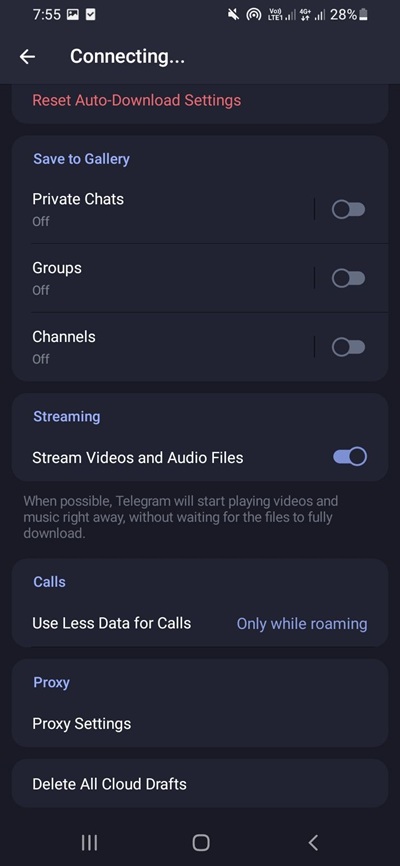 تنظیمات data and storage در تلگرام