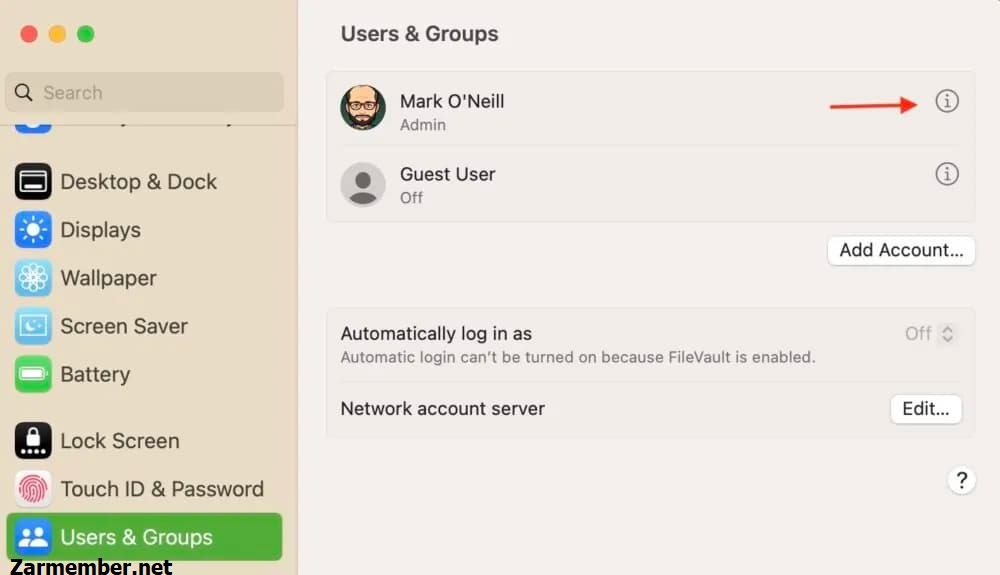تنظیمات user & groups در مک برای عوض کردن رمز عبور