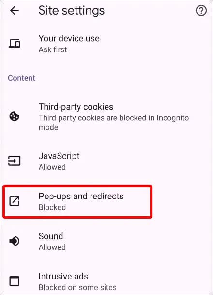 تنظیمات pop-ups and redirects در کروم نسخه موبایل