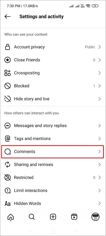 تنظیمات کامنت اینستاگرام