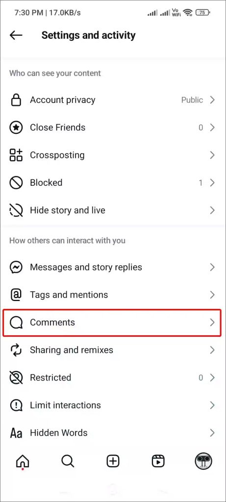 تنظیمات کامنت در اینستاگرام