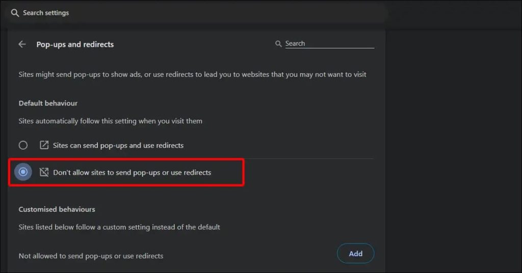 فعال و غیرفعال کردن قابلیت pop ups and redirects