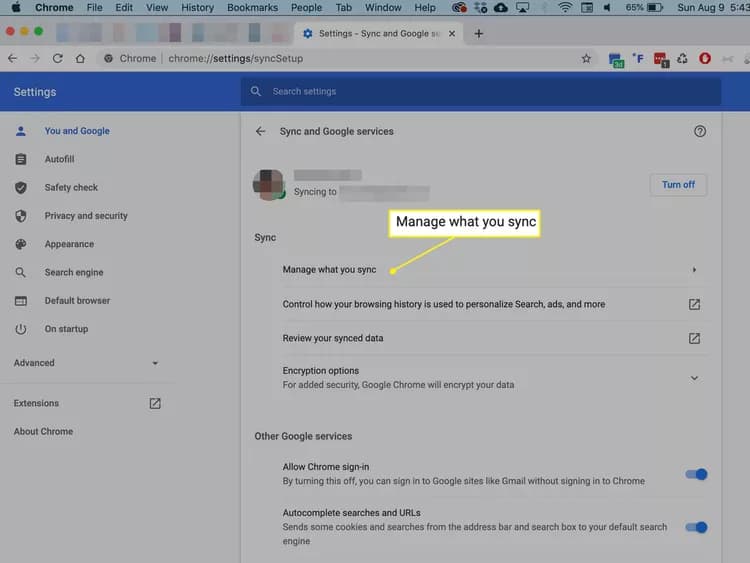 تنظیمات manage what you sync کروم