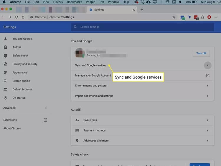 sync and google services تتظیمات کروم
