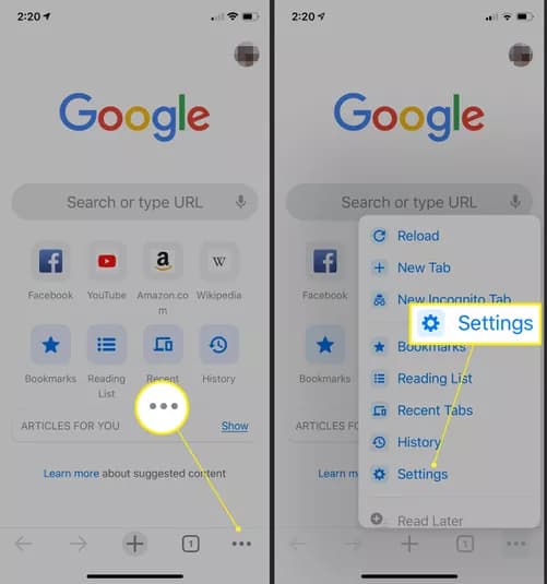 تغییر سرچ انجین کروم در ios مرحله 1 و 2