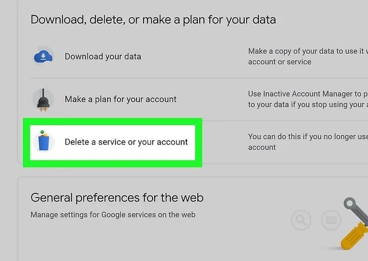 تنظیمات delete a service or your account گوگل اکانت