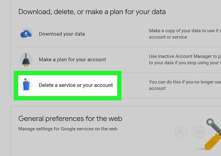 تنظیمات delete a service or your account جیمیل