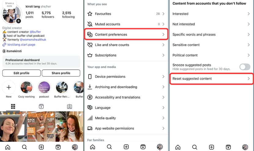 مراحل reset الگوریتم اینستاگرام